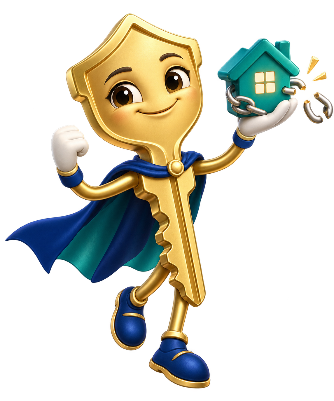 Freedom Key mascot holding a home with a broken loan chain